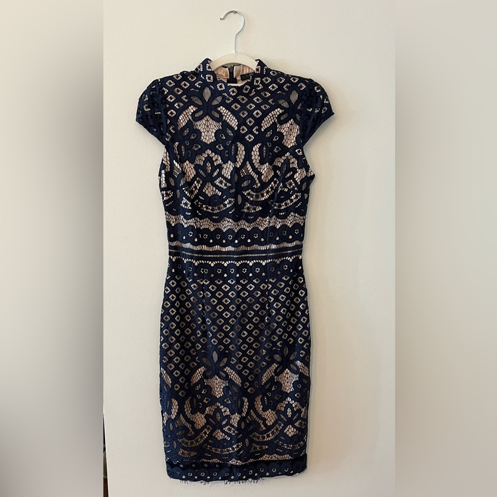 NWT GORGEOUS crochet overlay, fully lined, mock turtleneck cocktail dress